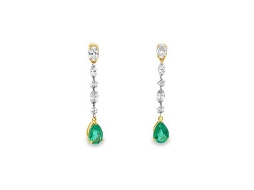18K Yellow Gold Emerald Drop Earrings with Natural Diamonds